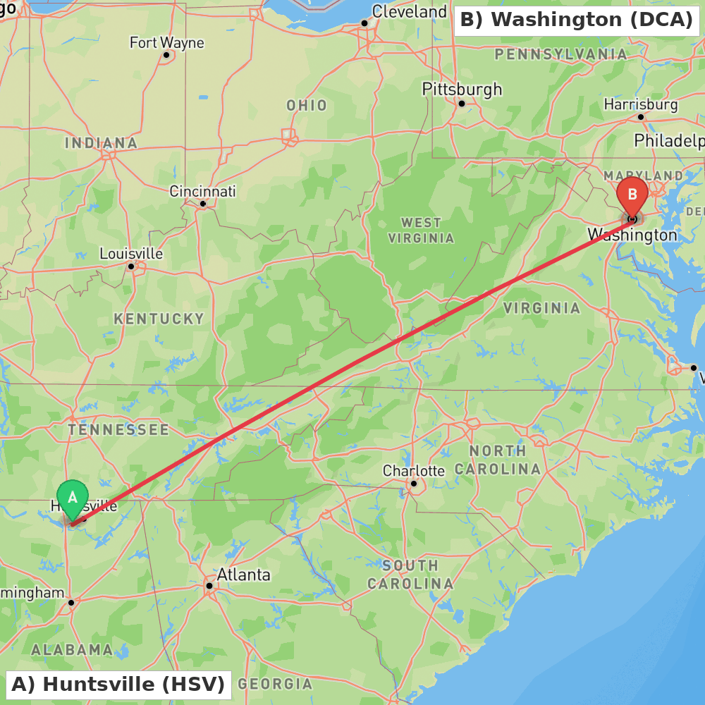 Flight route map from Huntsville to Washington