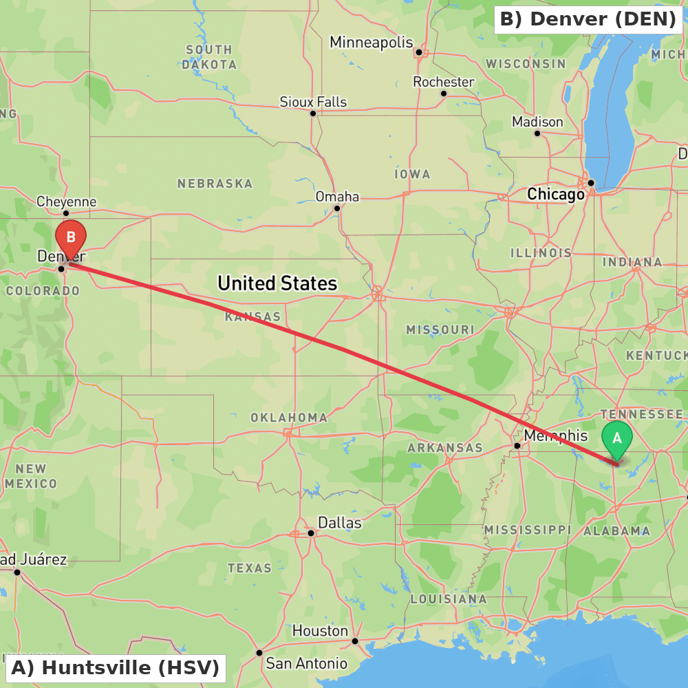 Flight route map from Huntsville to Denver