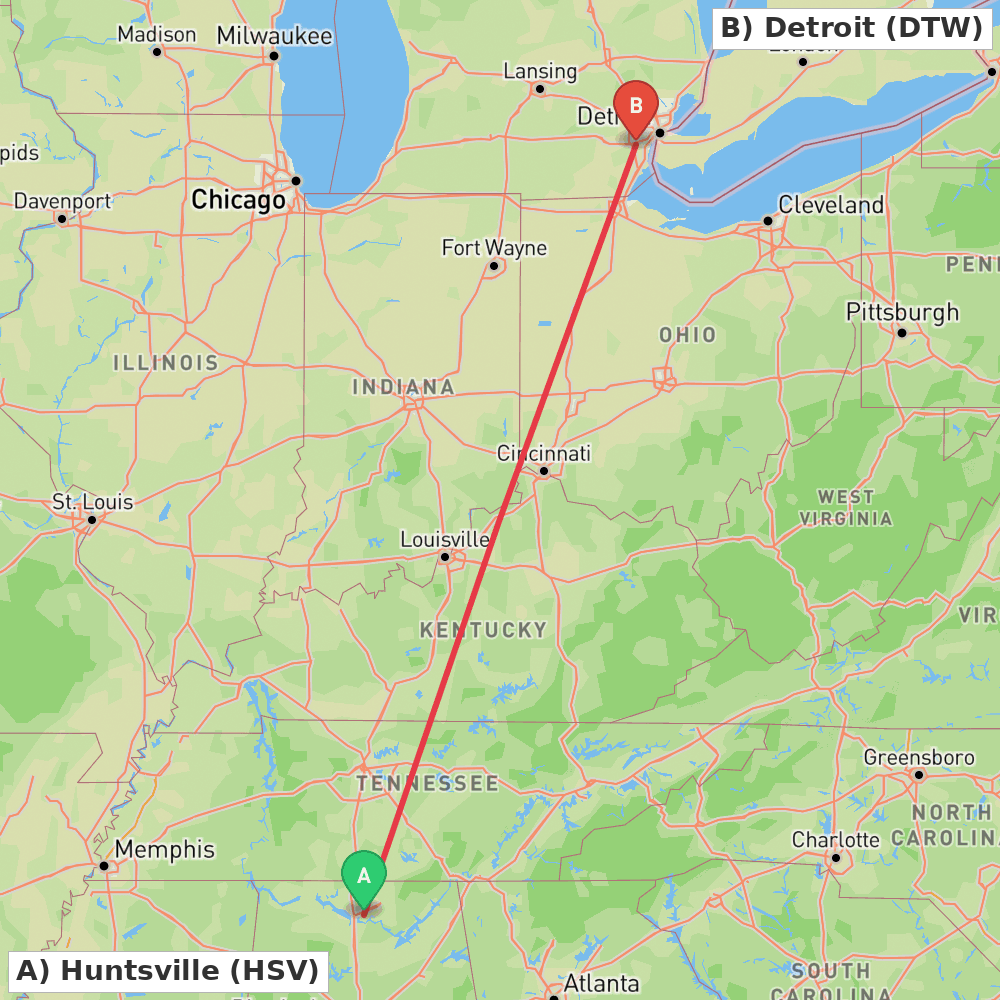Flight route map from Huntsville to Detroit