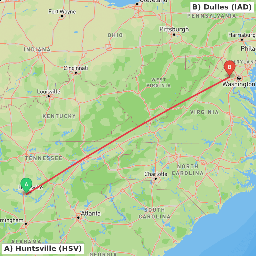 Flight route map from Huntsville to Dulles
