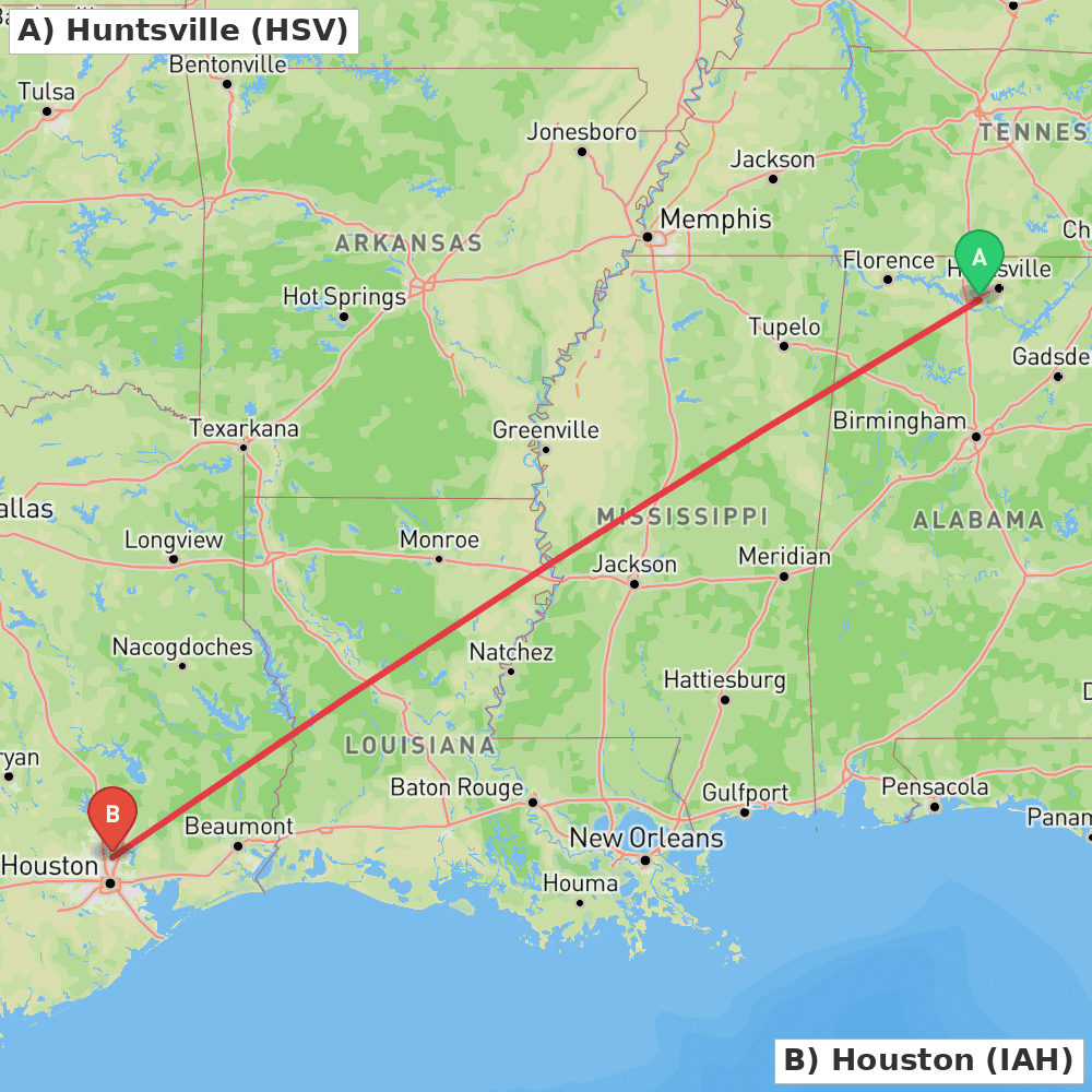 Flight route map from Huntsville to Houston