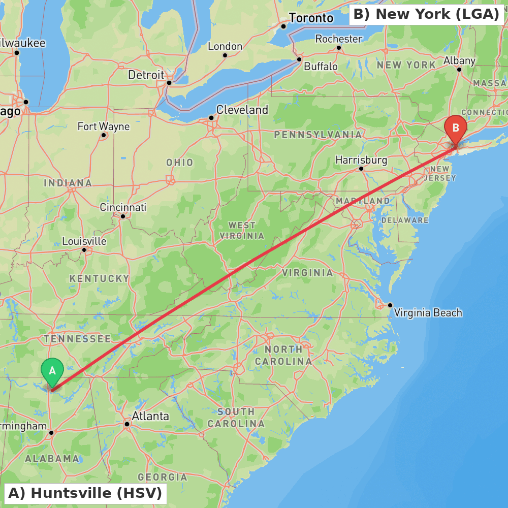 Flight route map from Huntsville to New York