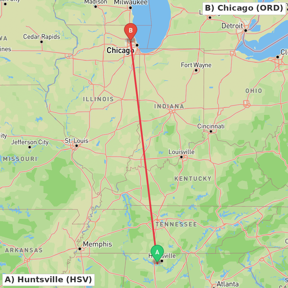Flight route map from Huntsville to Chicago