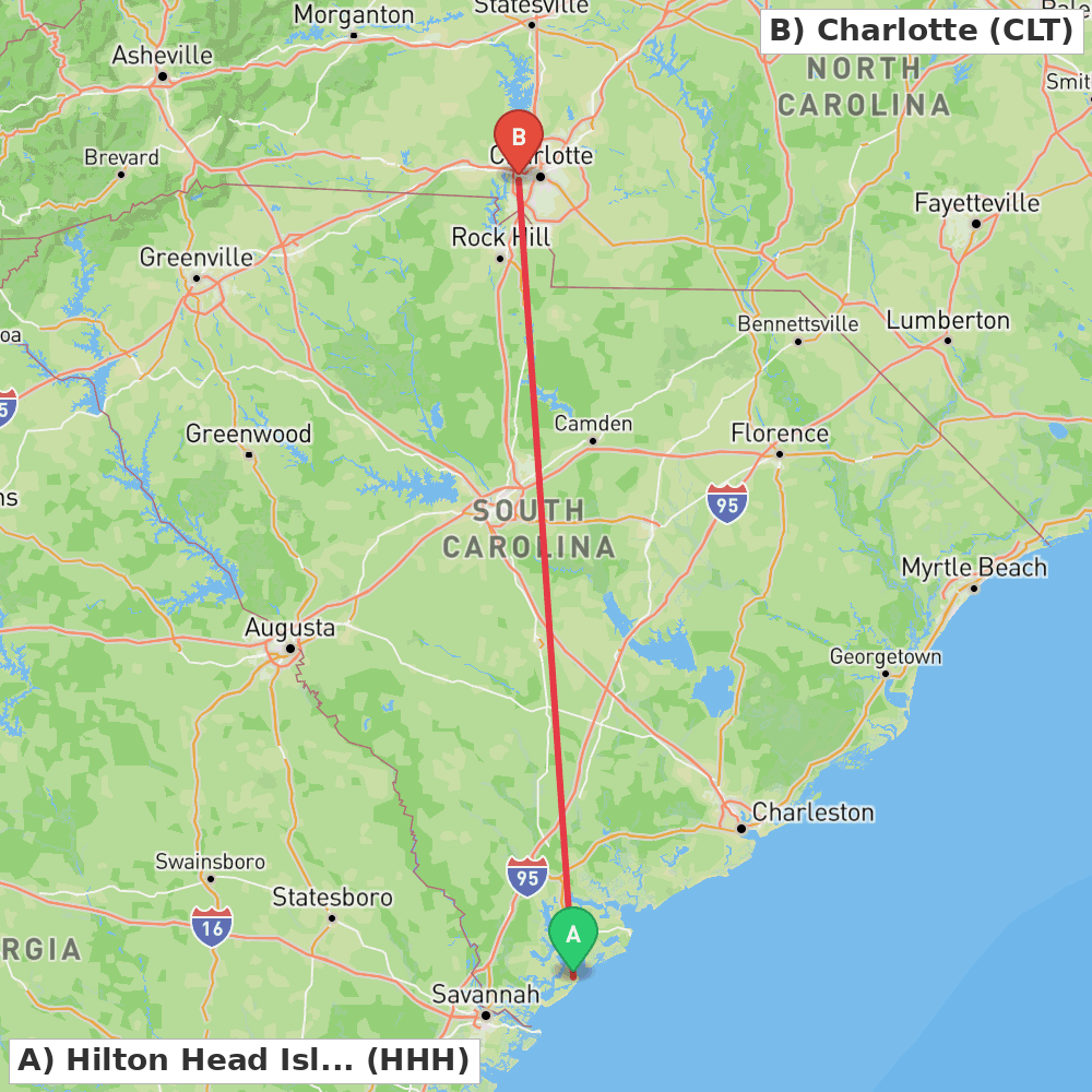 Flight route map from Hilton Head Island to Charlotte