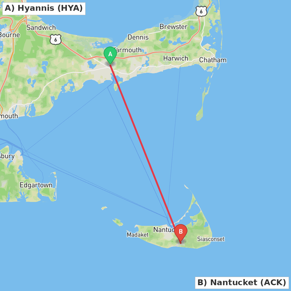 Flight route map from Hyannis to Nantucket