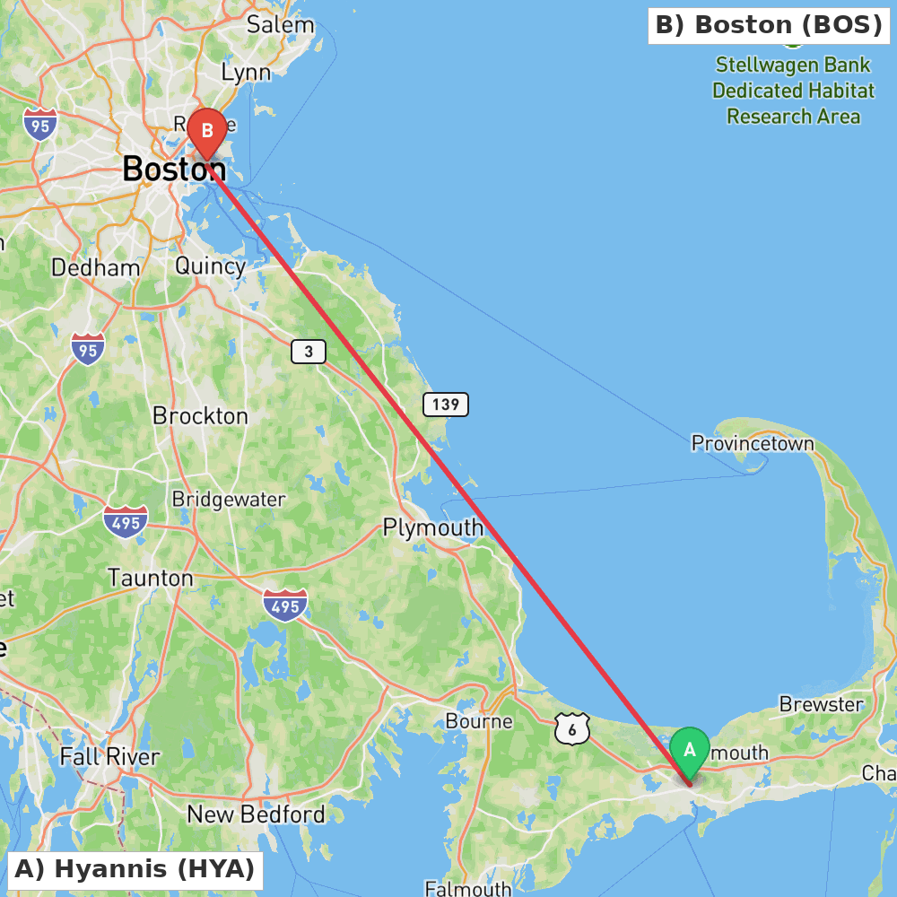 Flight route map from Hyannis to Boston