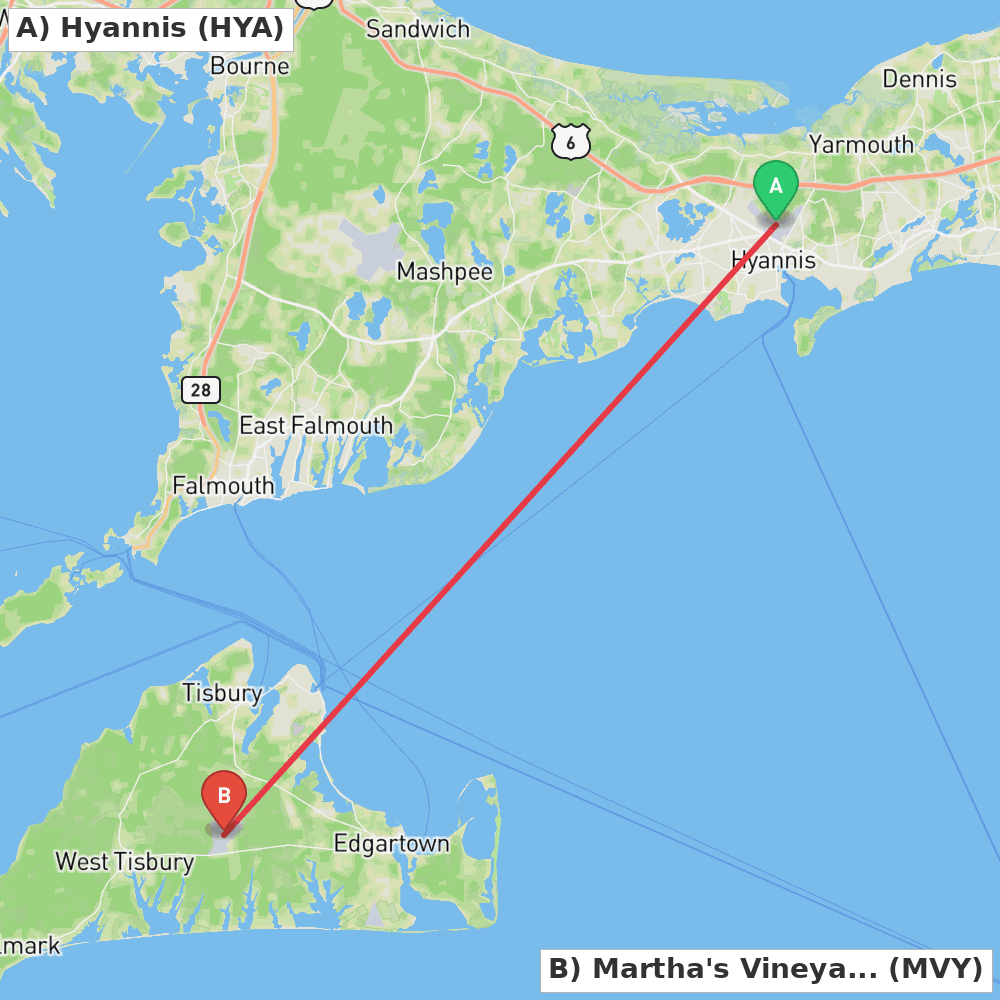 Flight route map from Hyannis to Martha's Vineyard