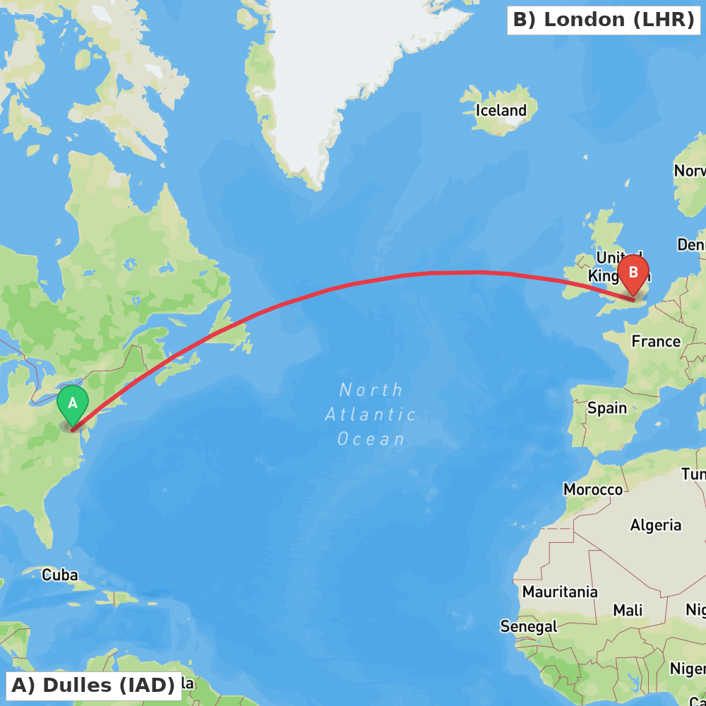 Flight route map from Dulles to London