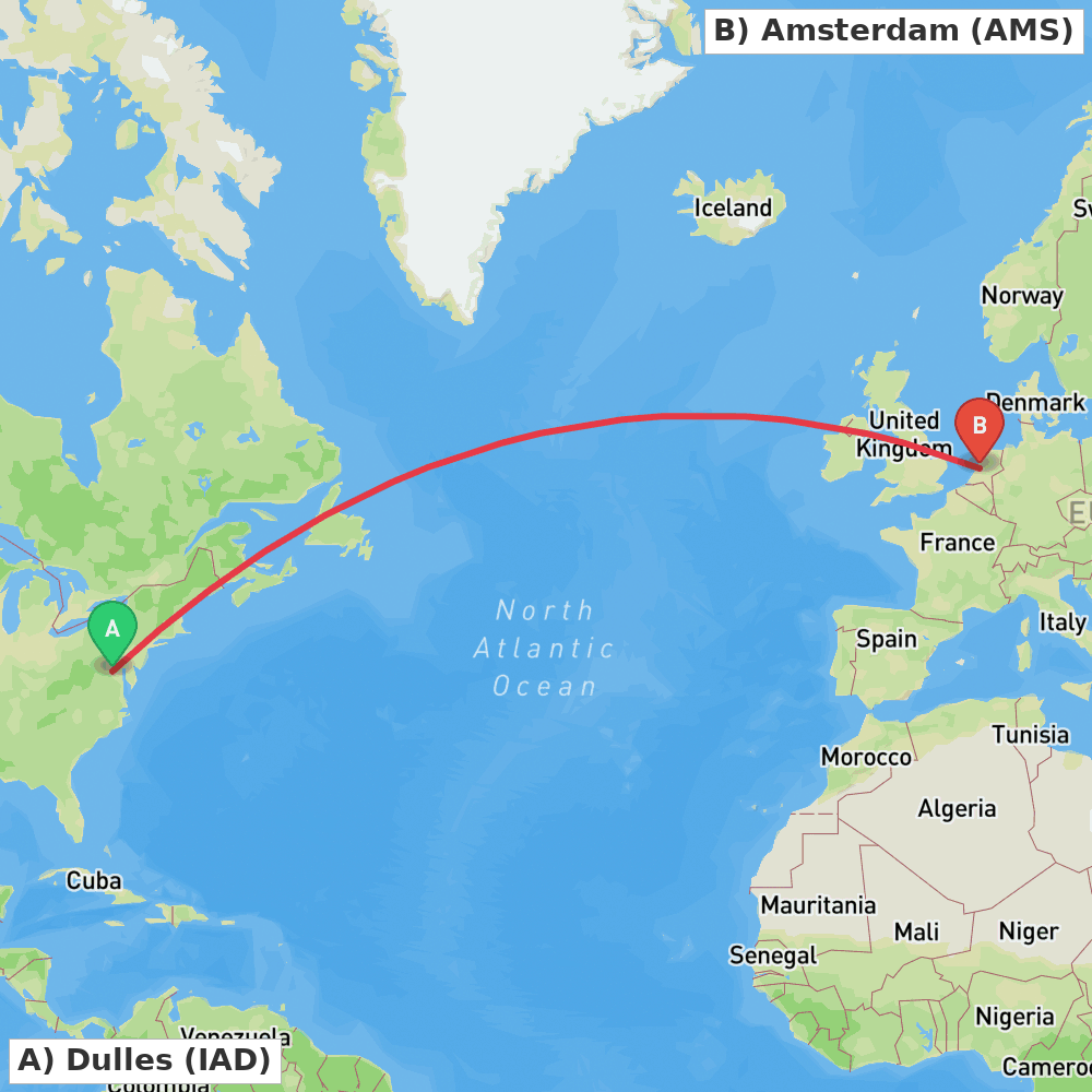 Flight route map from Dulles to Amsterdam