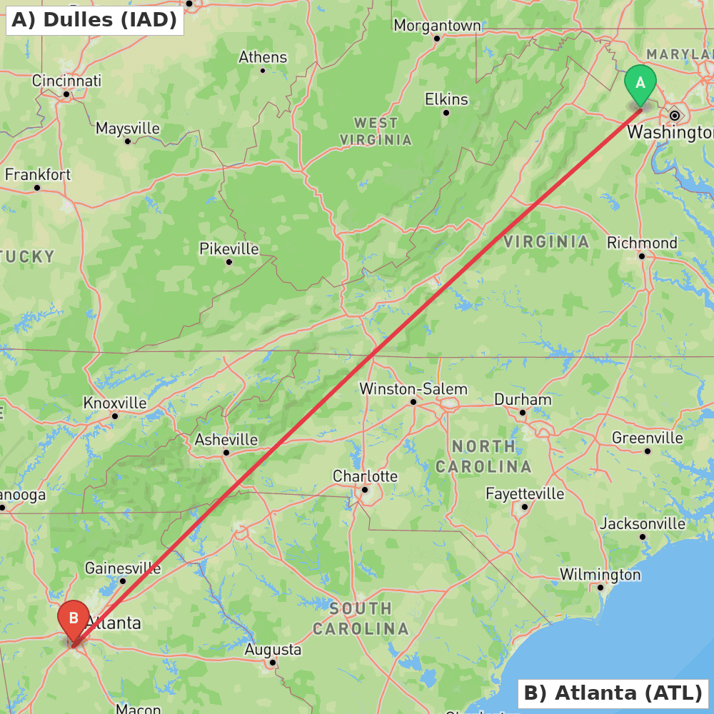 Flight route map from Dulles to Atlanta