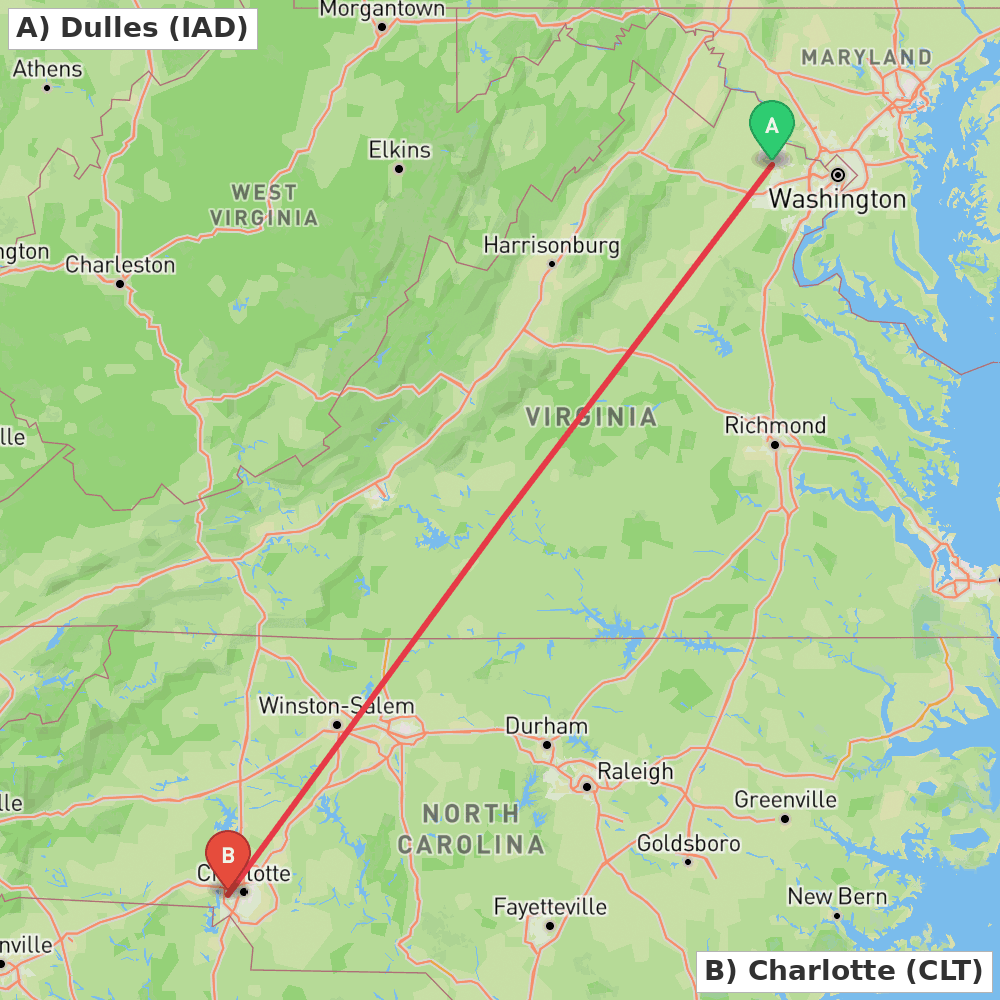 Flight route map from Dulles to Charlotte