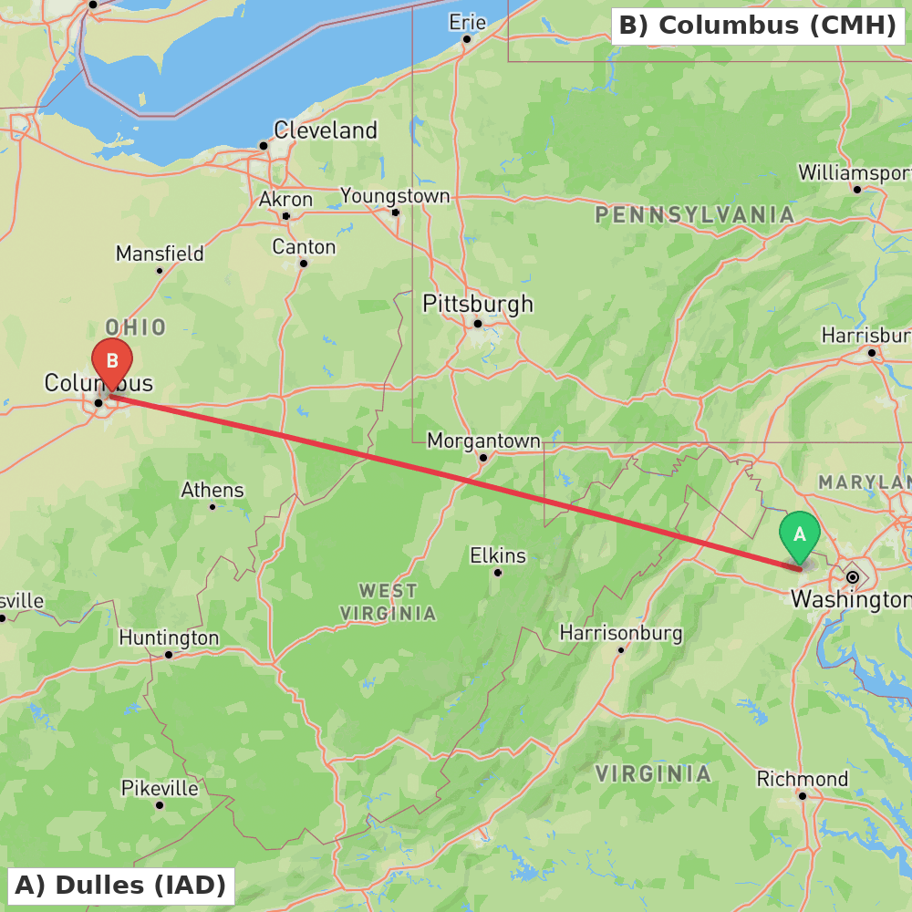 Flight route map from Dulles to Columbus