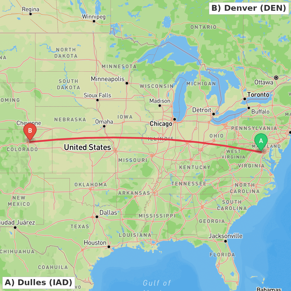 Flight route map from Dulles to Denver