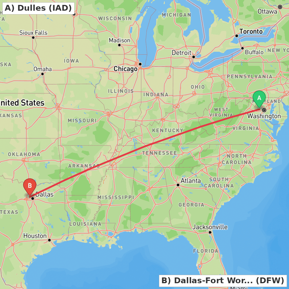 Flight route map from Dulles to Dallas-Fort Worth