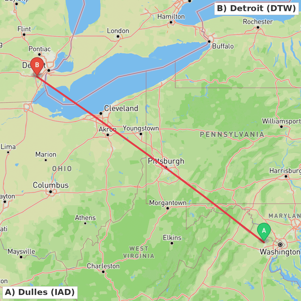 Flight route map from Dulles to Detroit