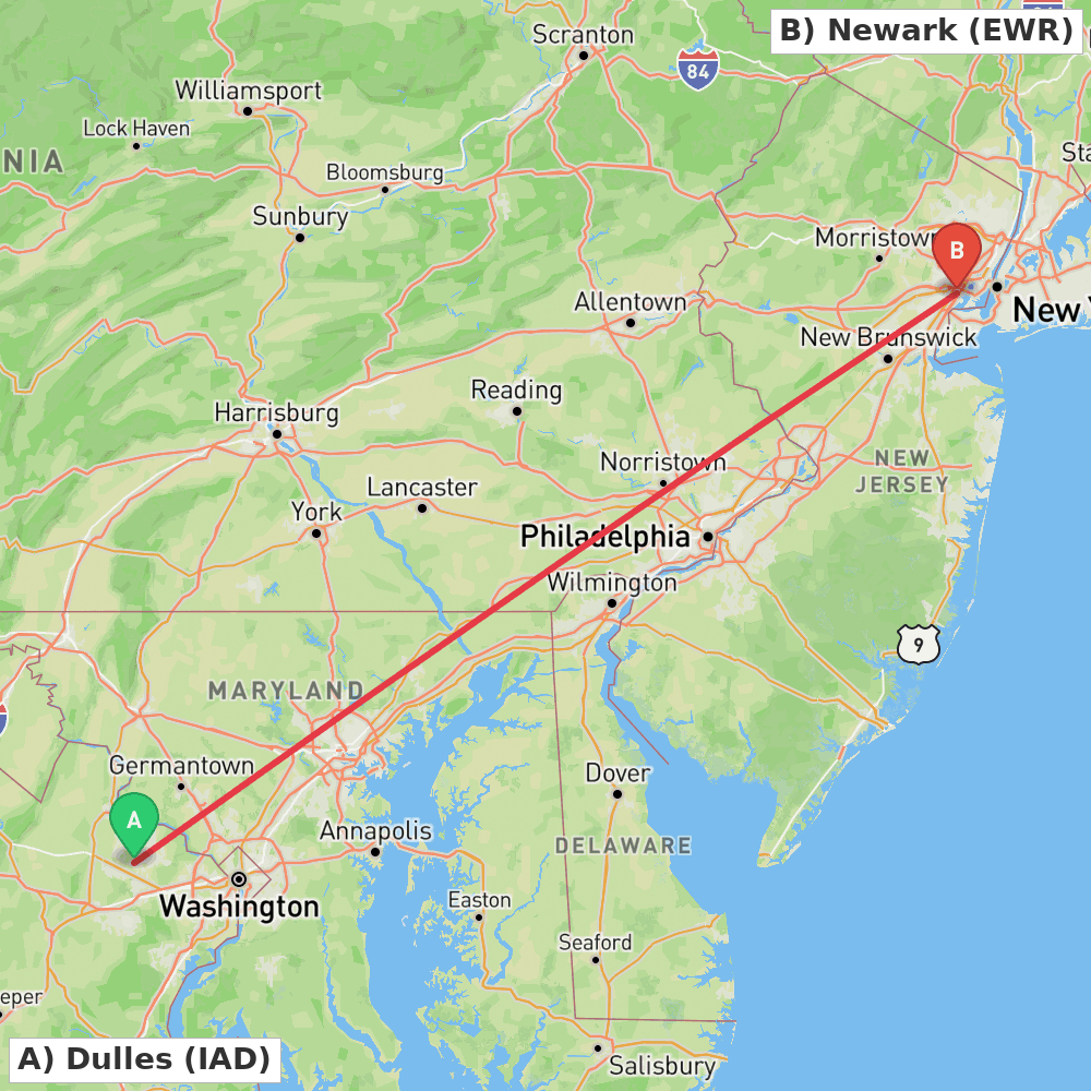 Flight route map from Dulles to Newark