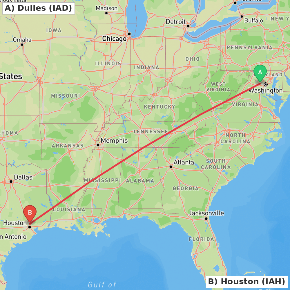 Flight route map from Dulles to Houston