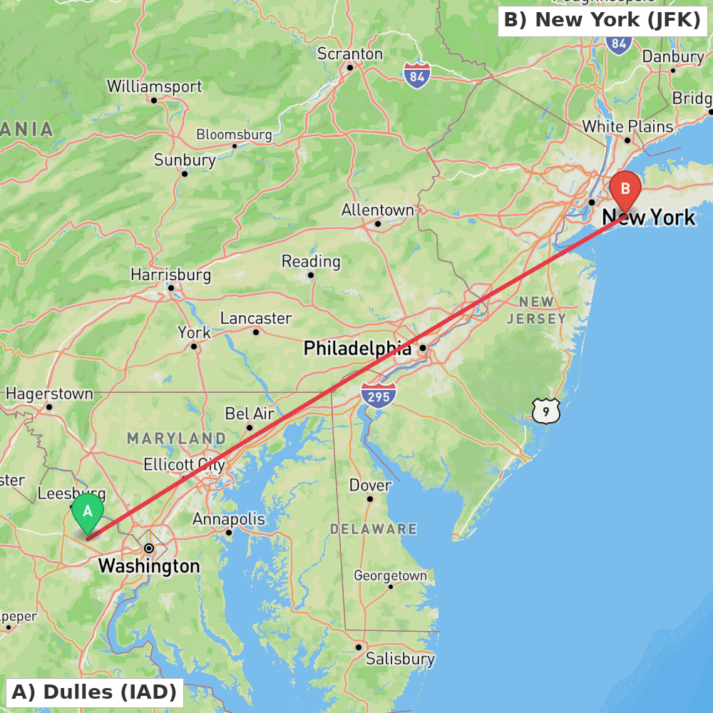 Flight route map from Dulles to New York
