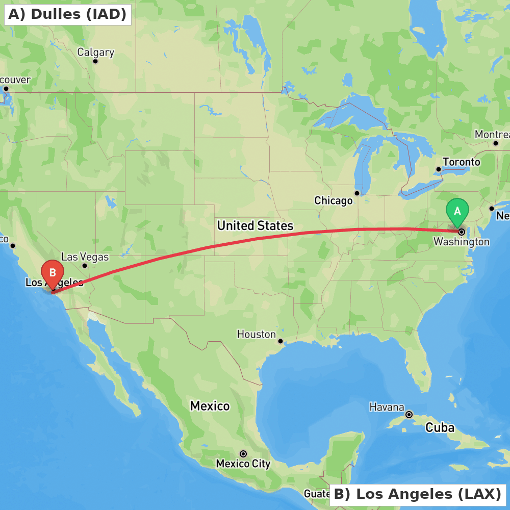Flight route map from Dulles to Los Angeles