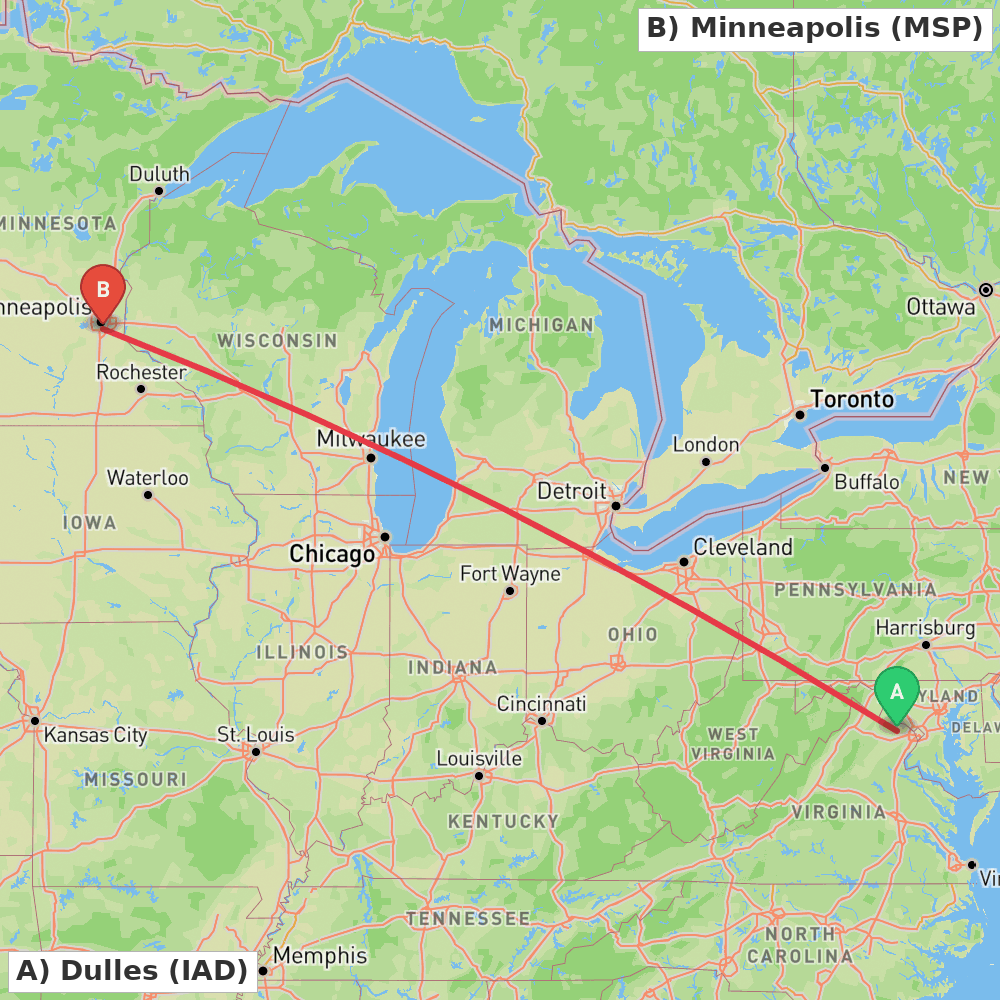 Flight route map from Dulles to Minneapolis
