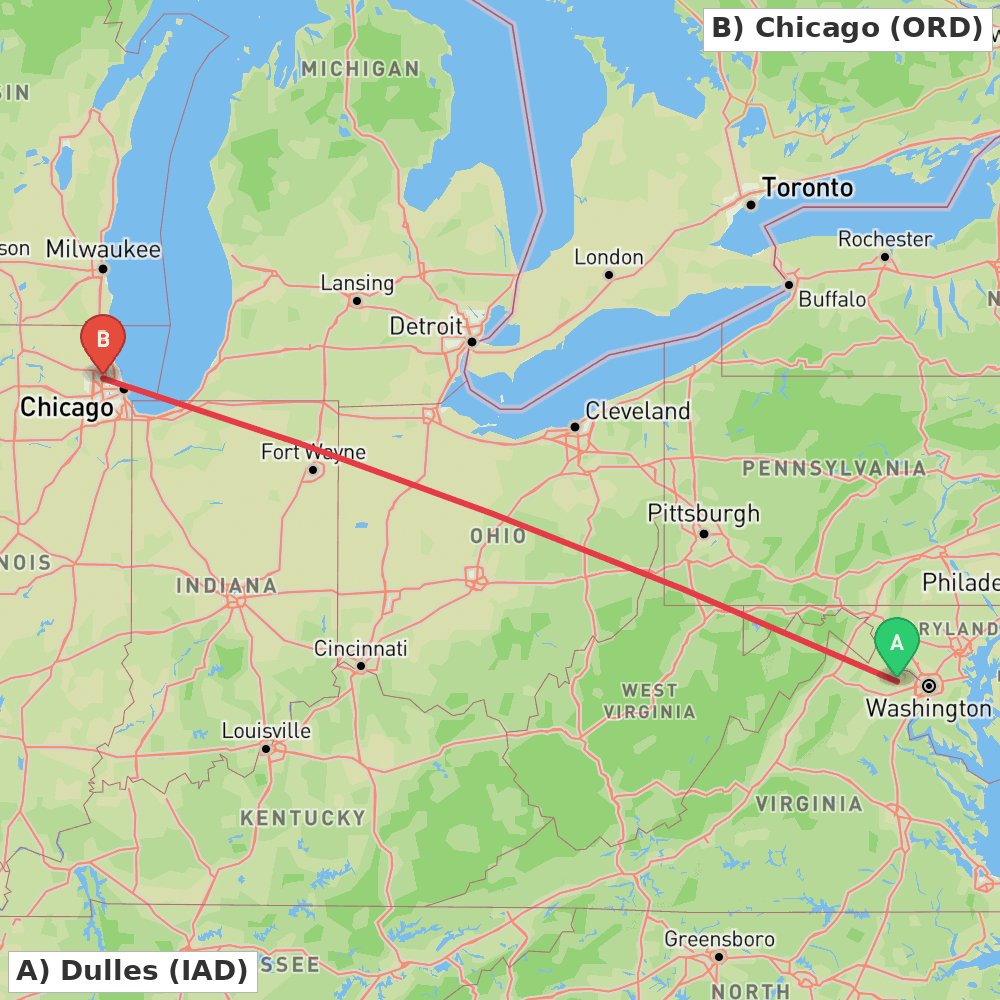 Flight route map from Dulles to Chicago