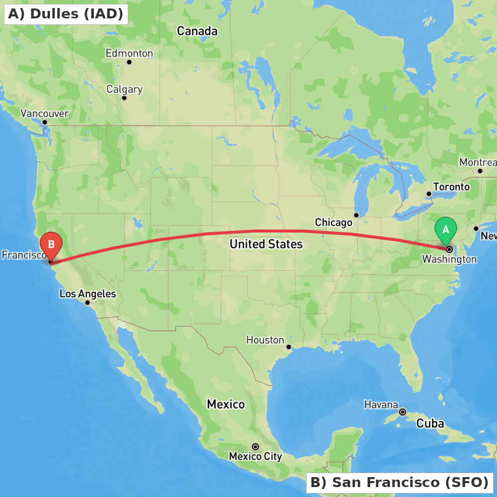 Flight route map from Dulles to San Francisco