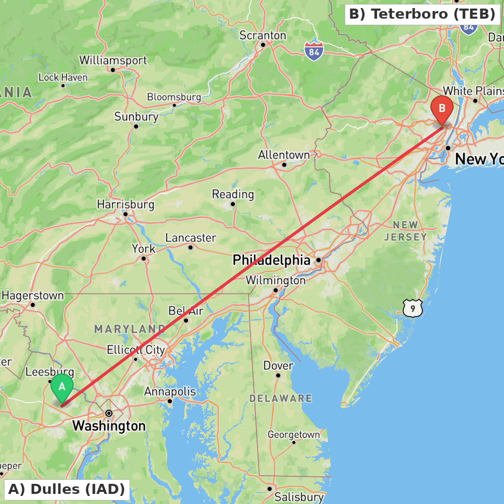 Flight route map from Dulles to Teterboro