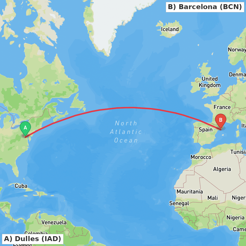 Flight route map from Dulles to Barcelona