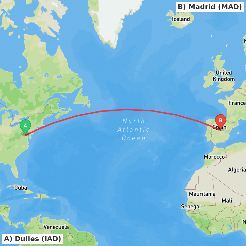 Flight route map from Dulles to Madrid