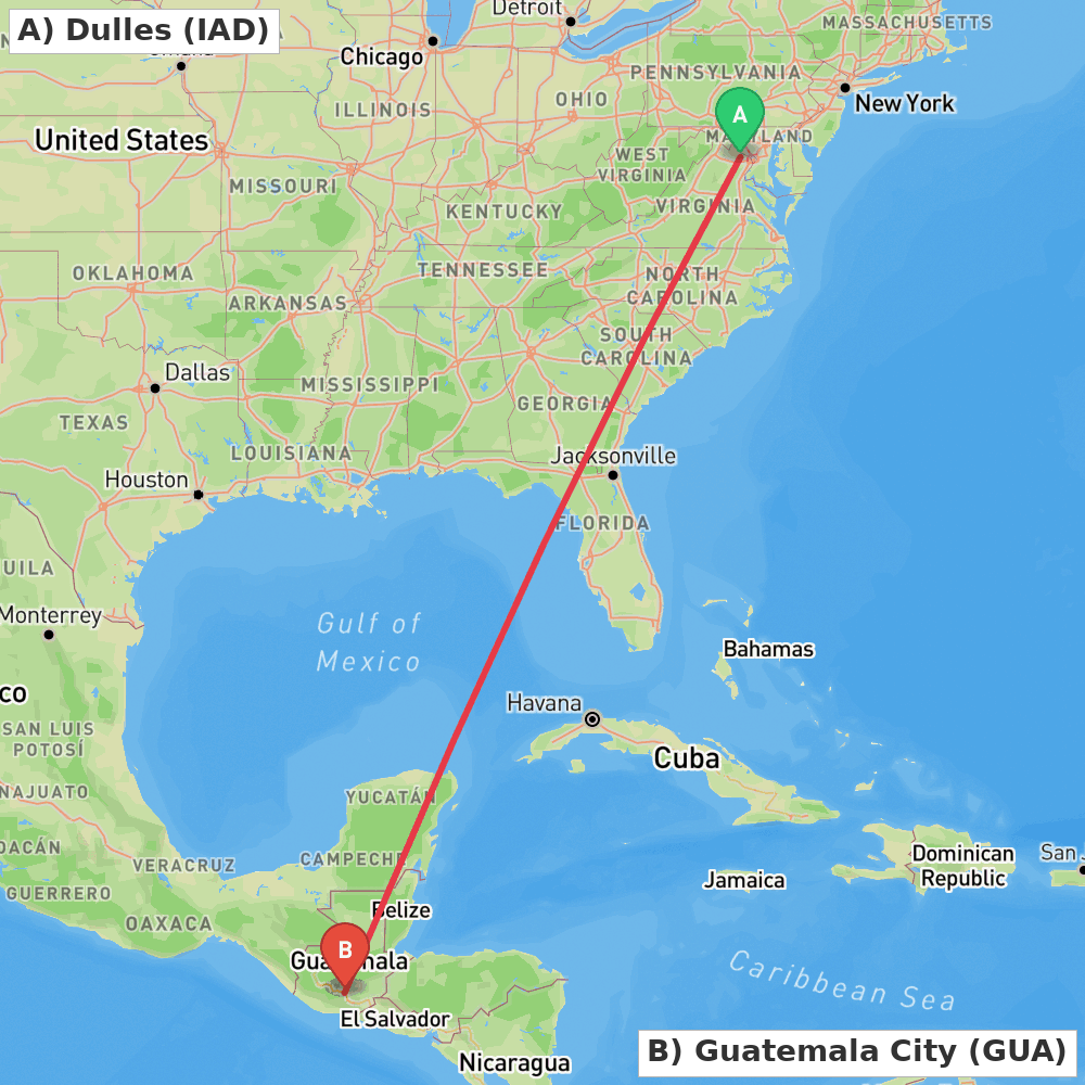 Flight route map from Dulles to Guatemala City