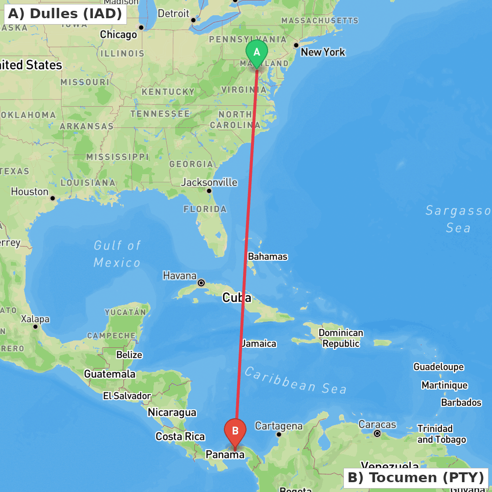 Flight route map from Dulles to Tocumen
