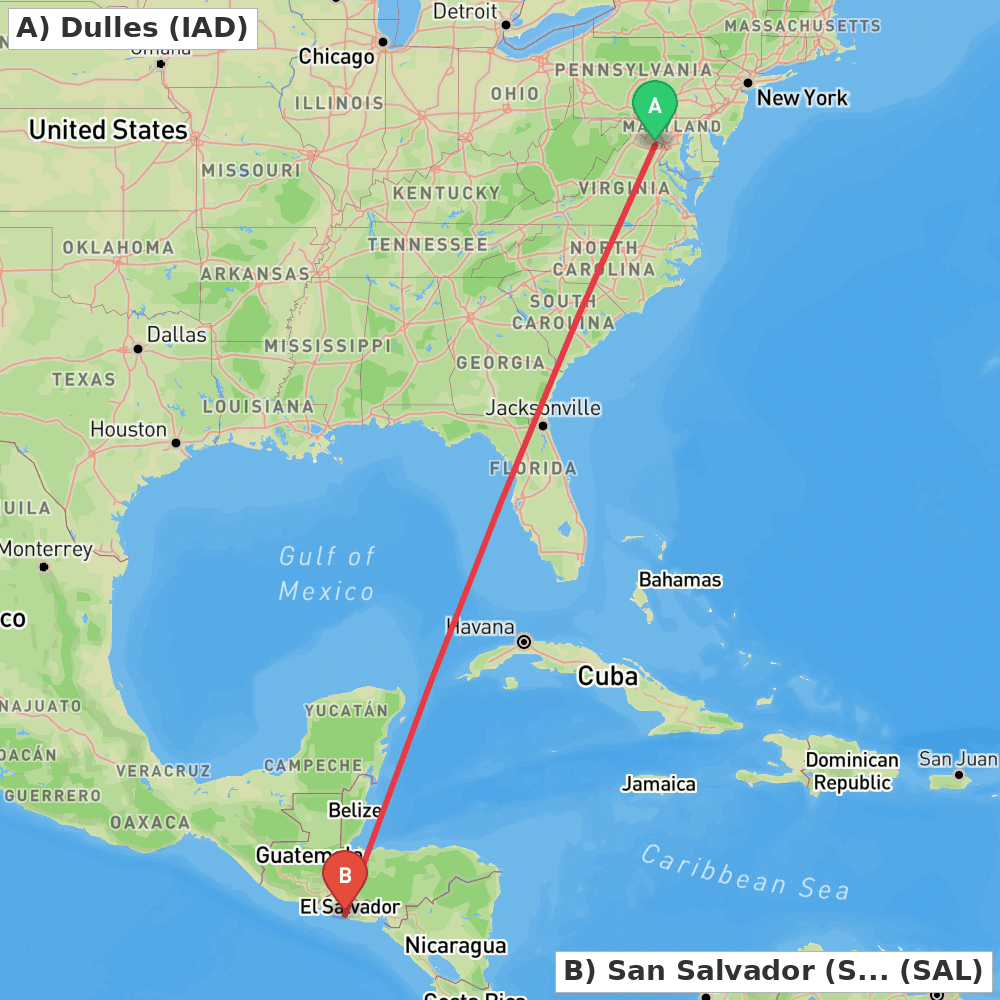 Flight route map from Dulles to San Salvador (San Luis Talpa)