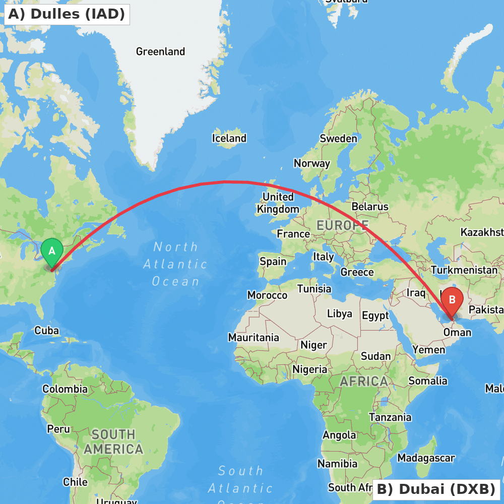 Flight route map from Dulles to Dubai