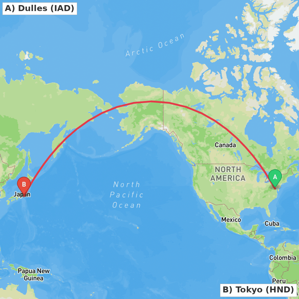 Flight route map from Dulles to Tokyo