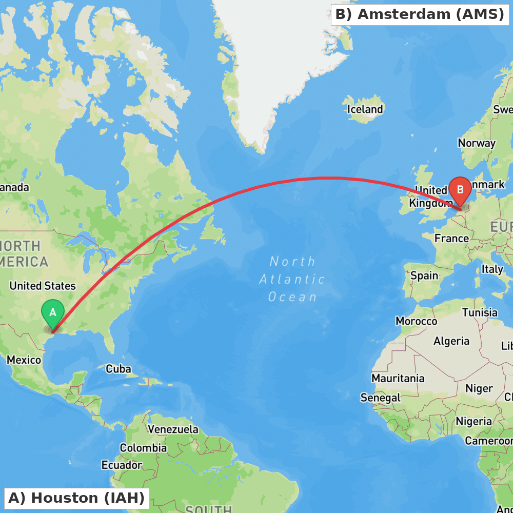 Flight route map from Houston to Amsterdam