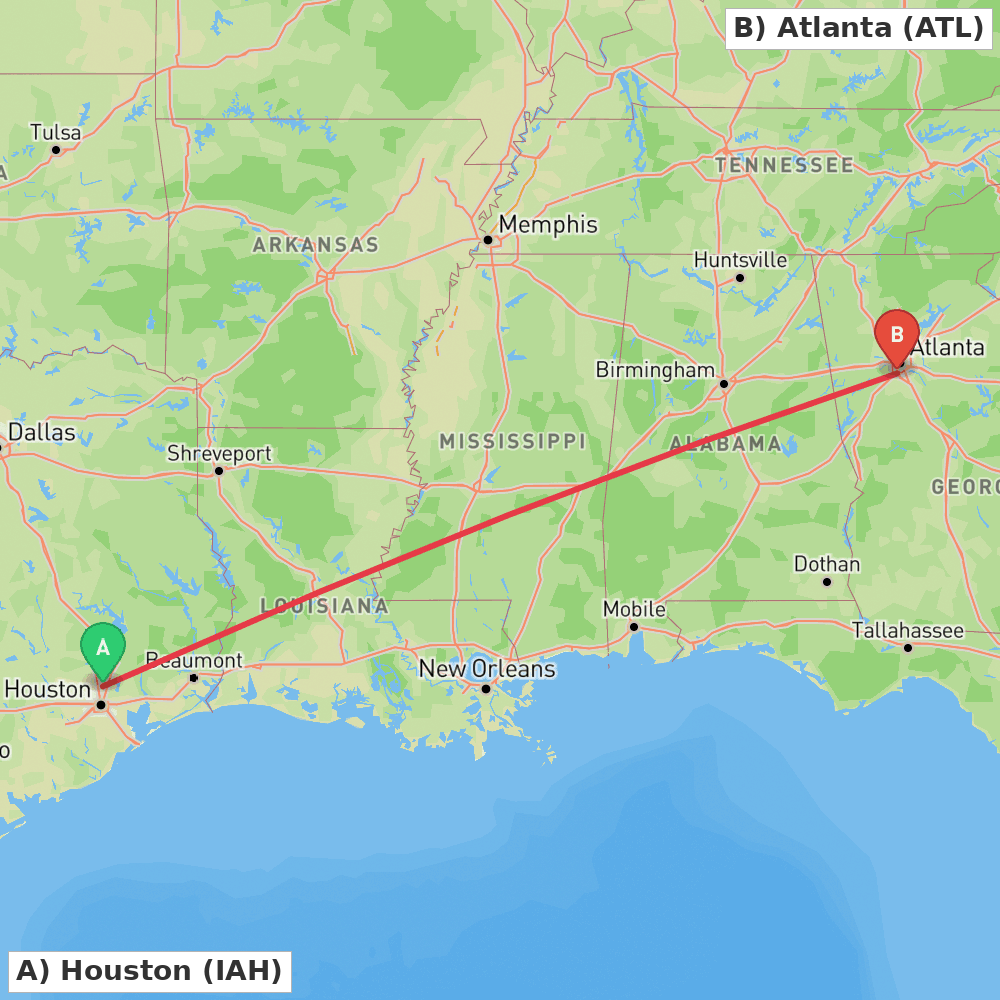 Flight route map from Houston to Atlanta