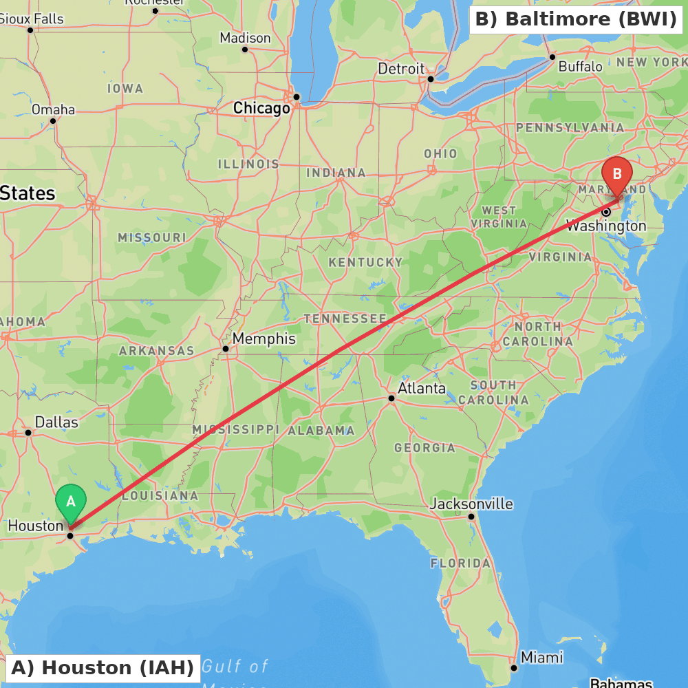 Flight route map from Houston to Baltimore