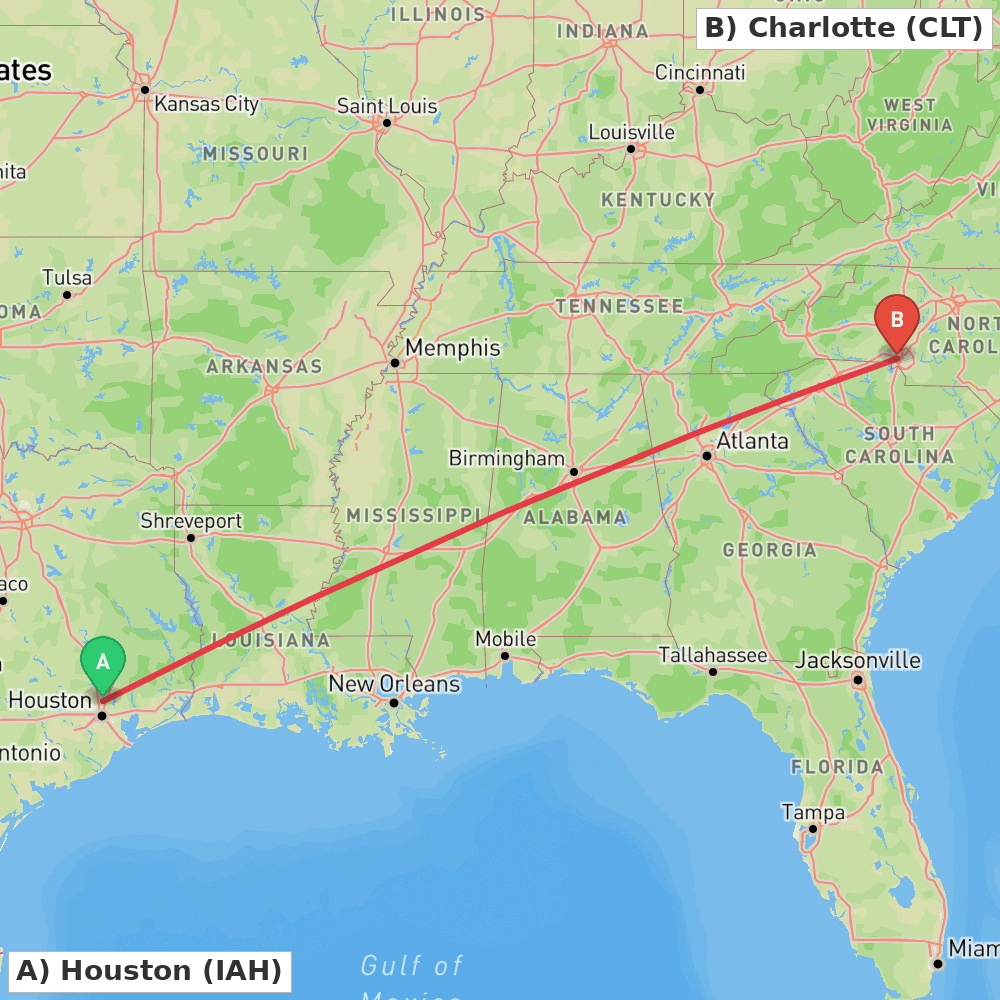 Flight route map from Houston to Charlotte