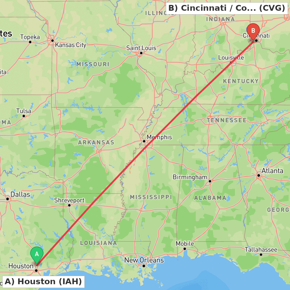 Flight route map from Houston to Cincinnati / Covington
