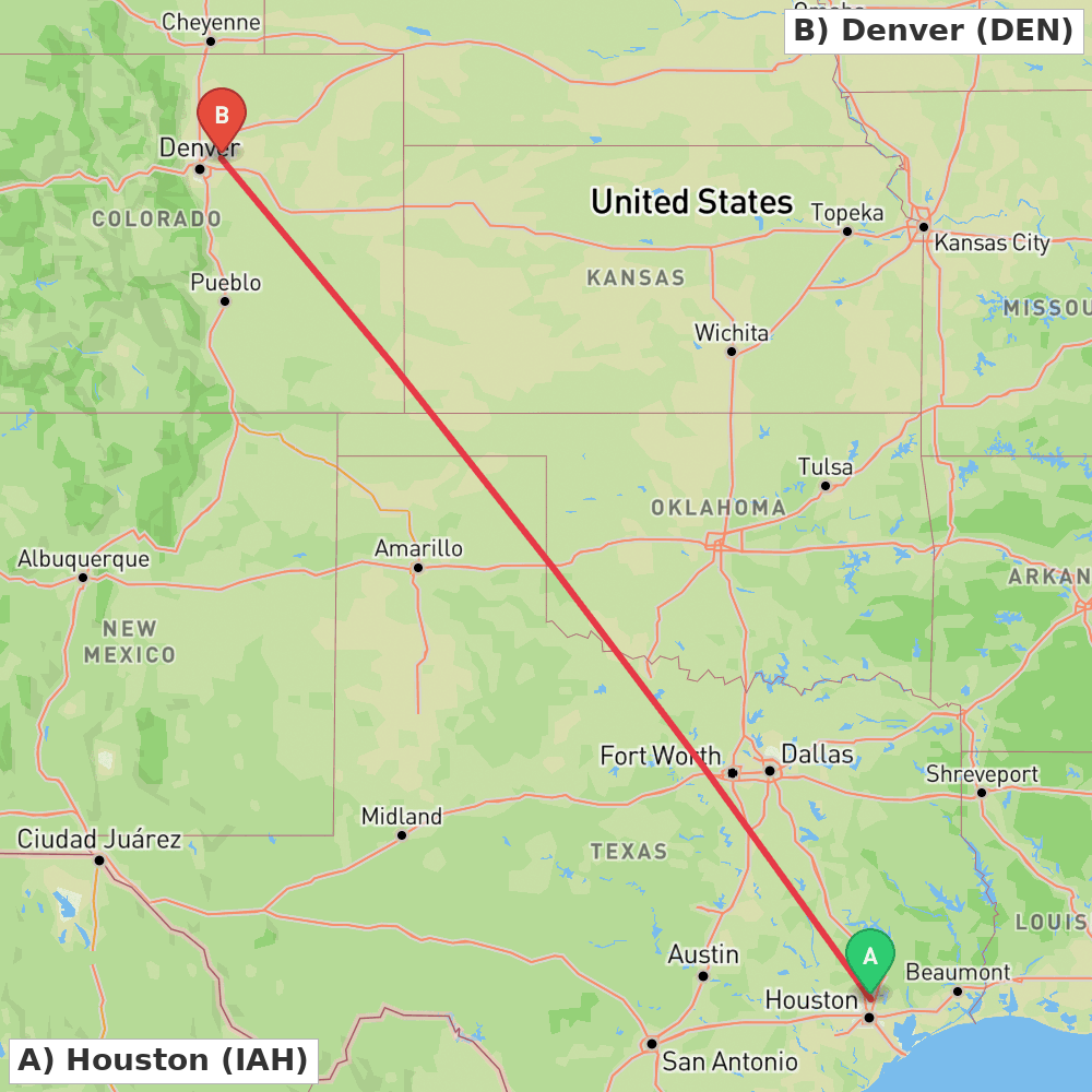 Flight route map from Houston to Denver