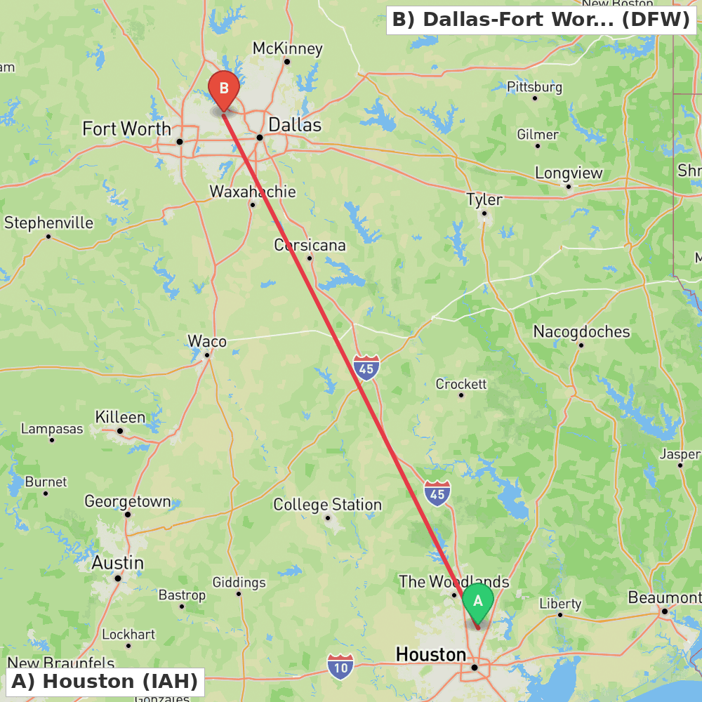 Flight route map from Houston to Dallas-Fort Worth