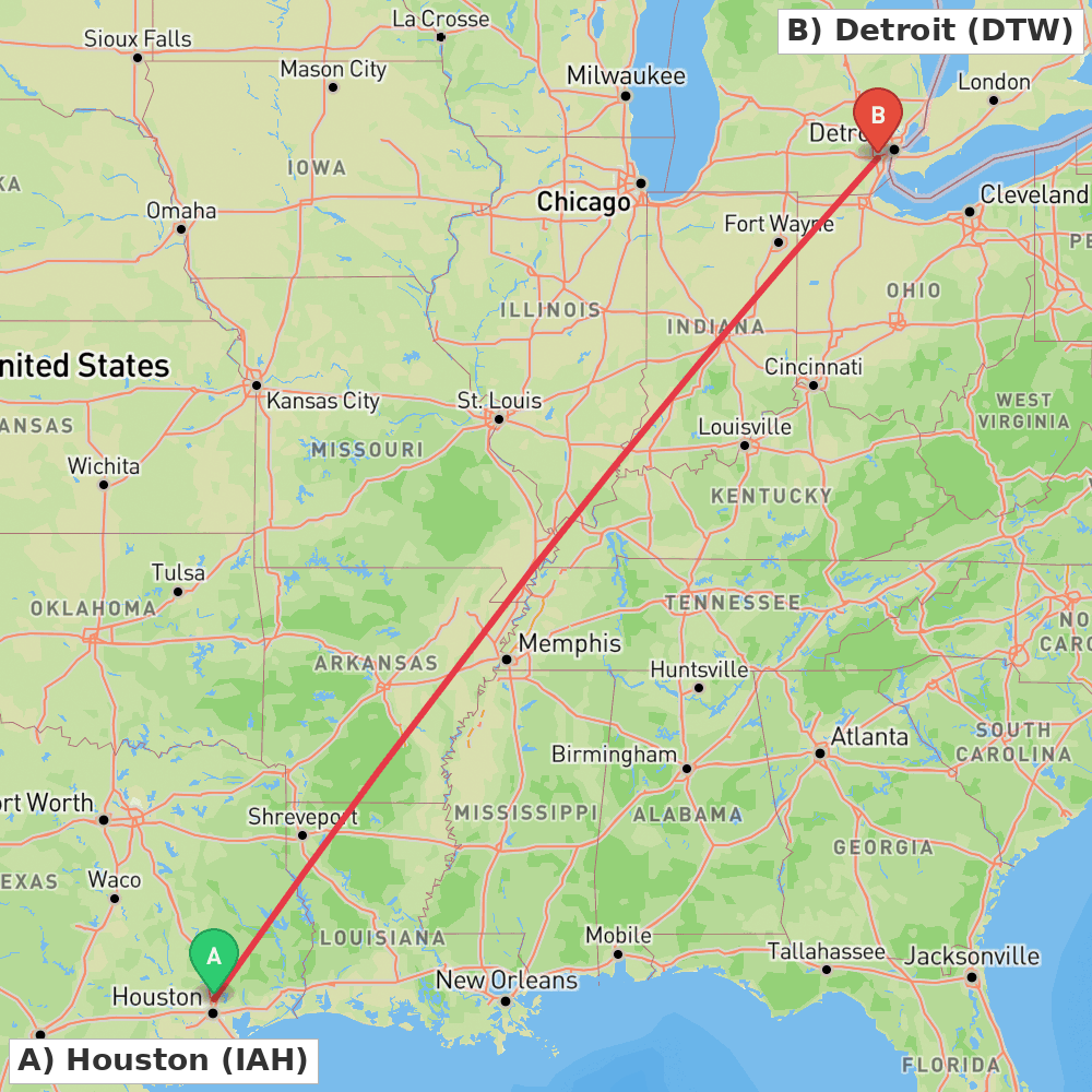 Flight route map from Houston to Detroit