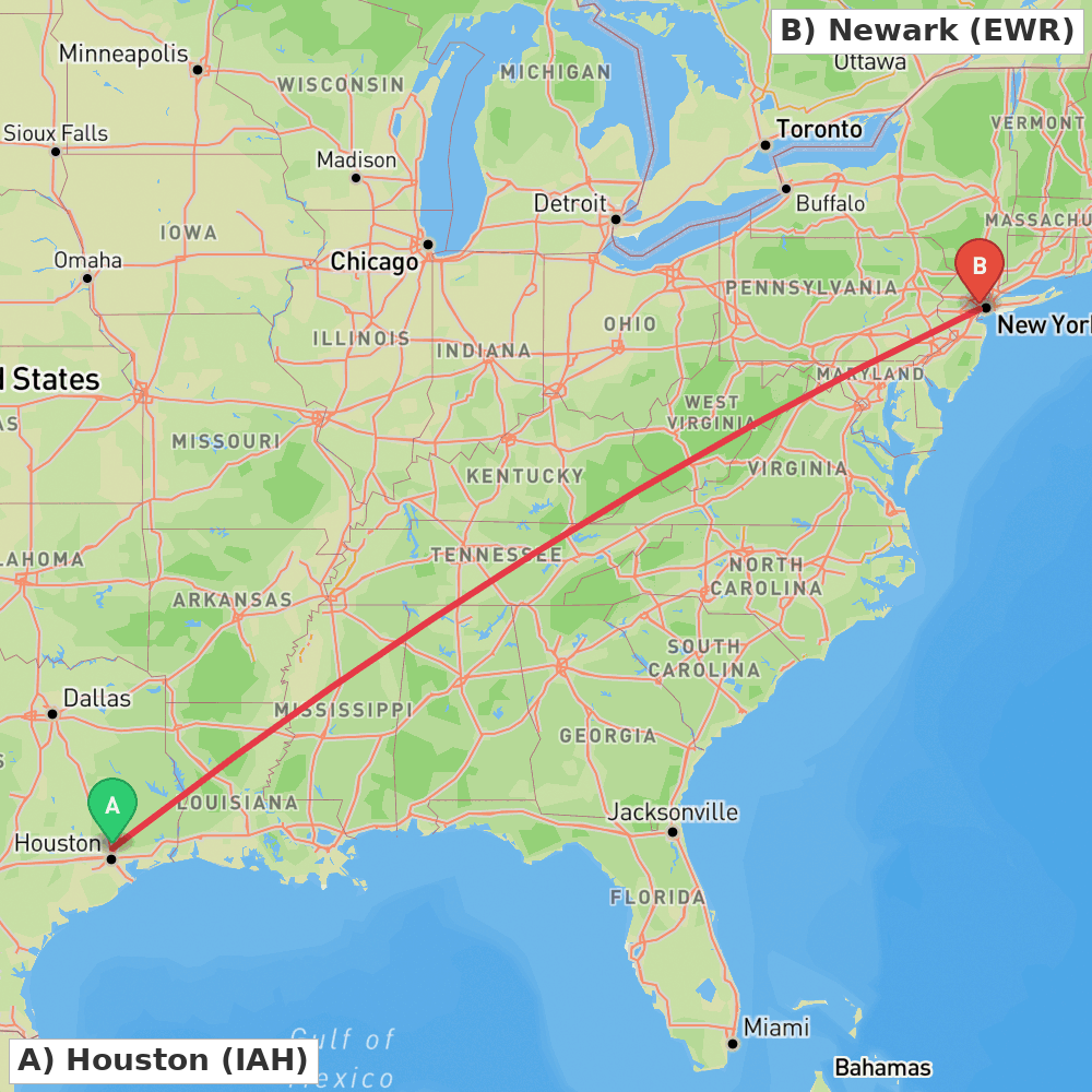 Flight route map from Houston to Newark