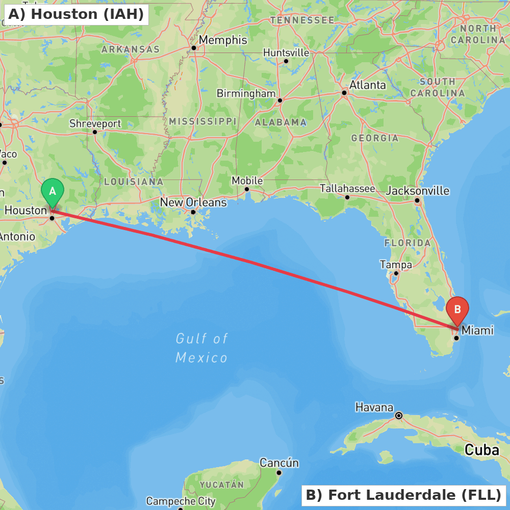 Flight route map from Houston to Fort Lauderdale