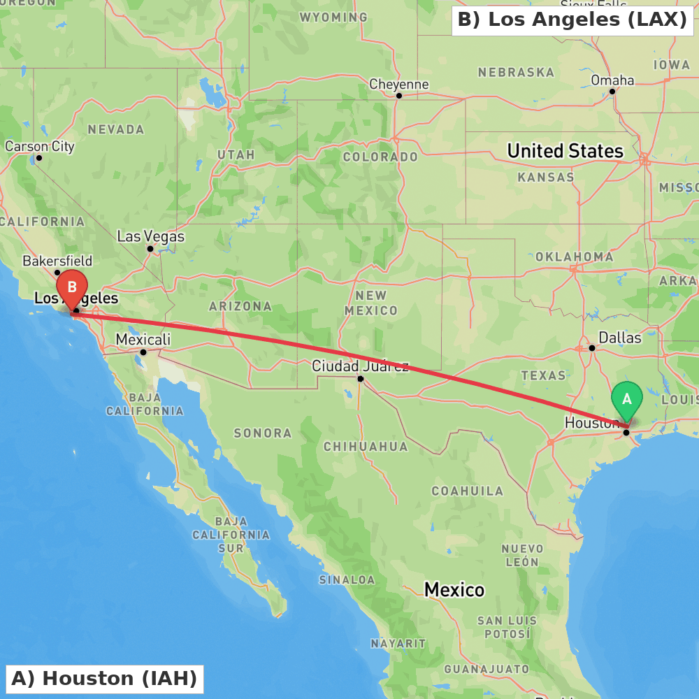 Flight route map from Houston to Los Angeles