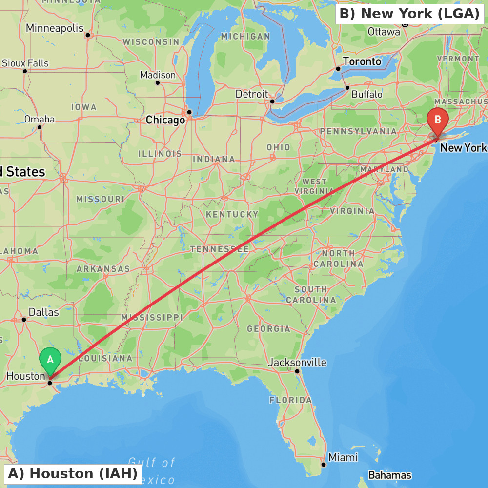 Flight route map from Houston to New York