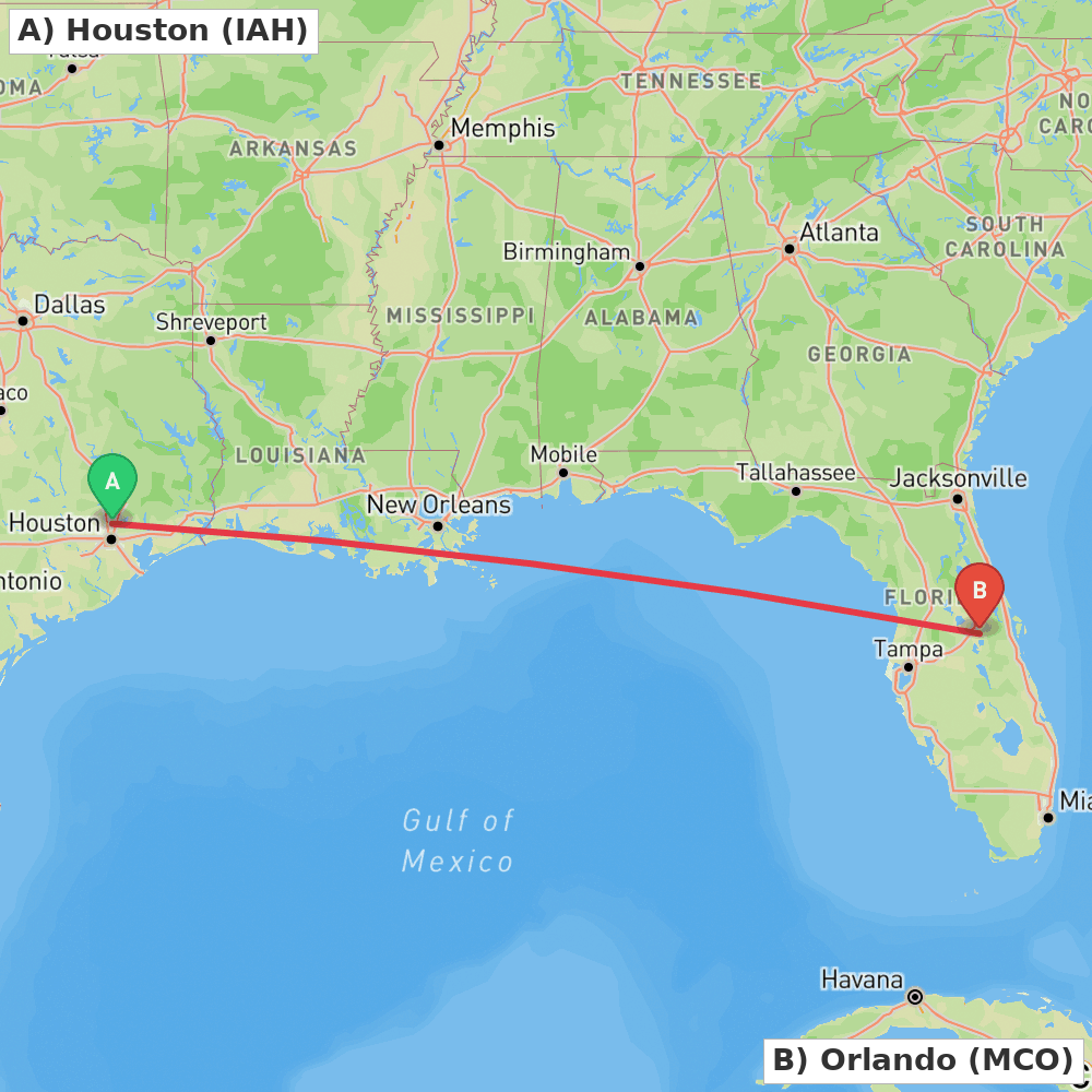 Flight route map from Houston to Orlando