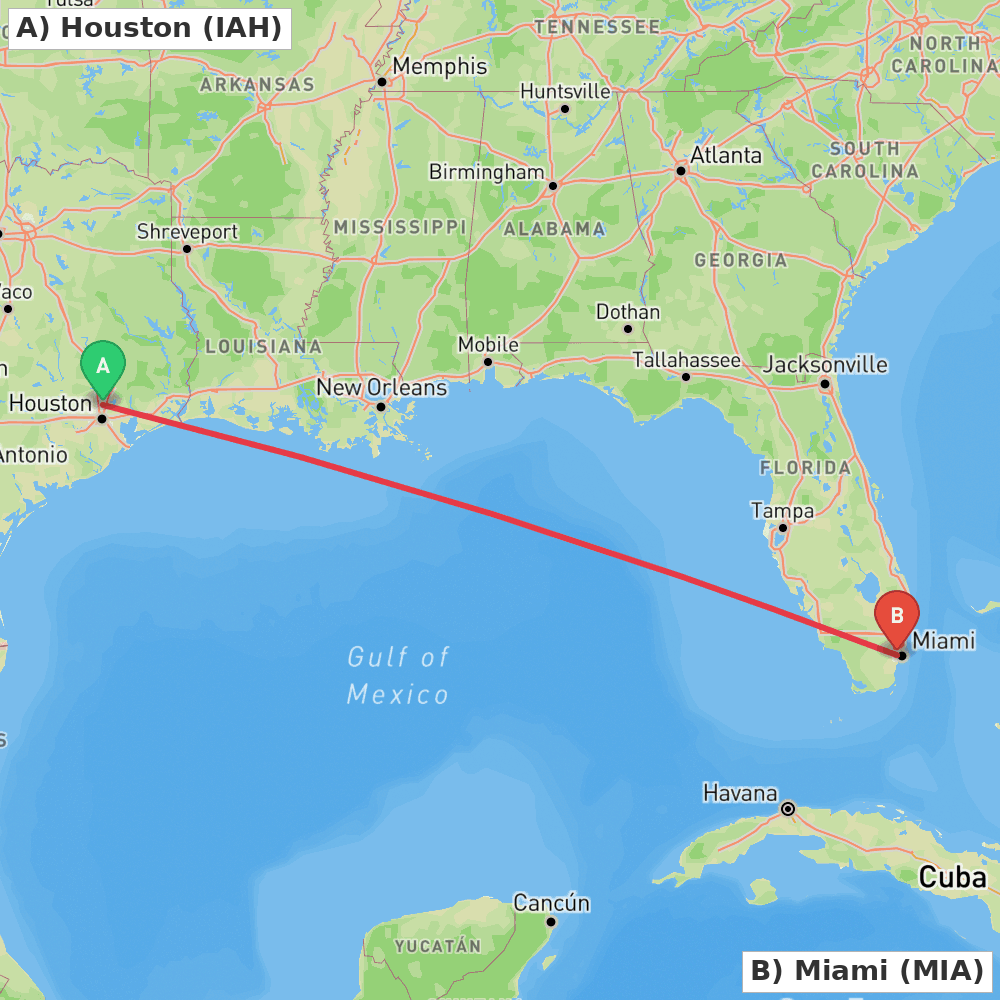 Flight route map from Houston to Miami