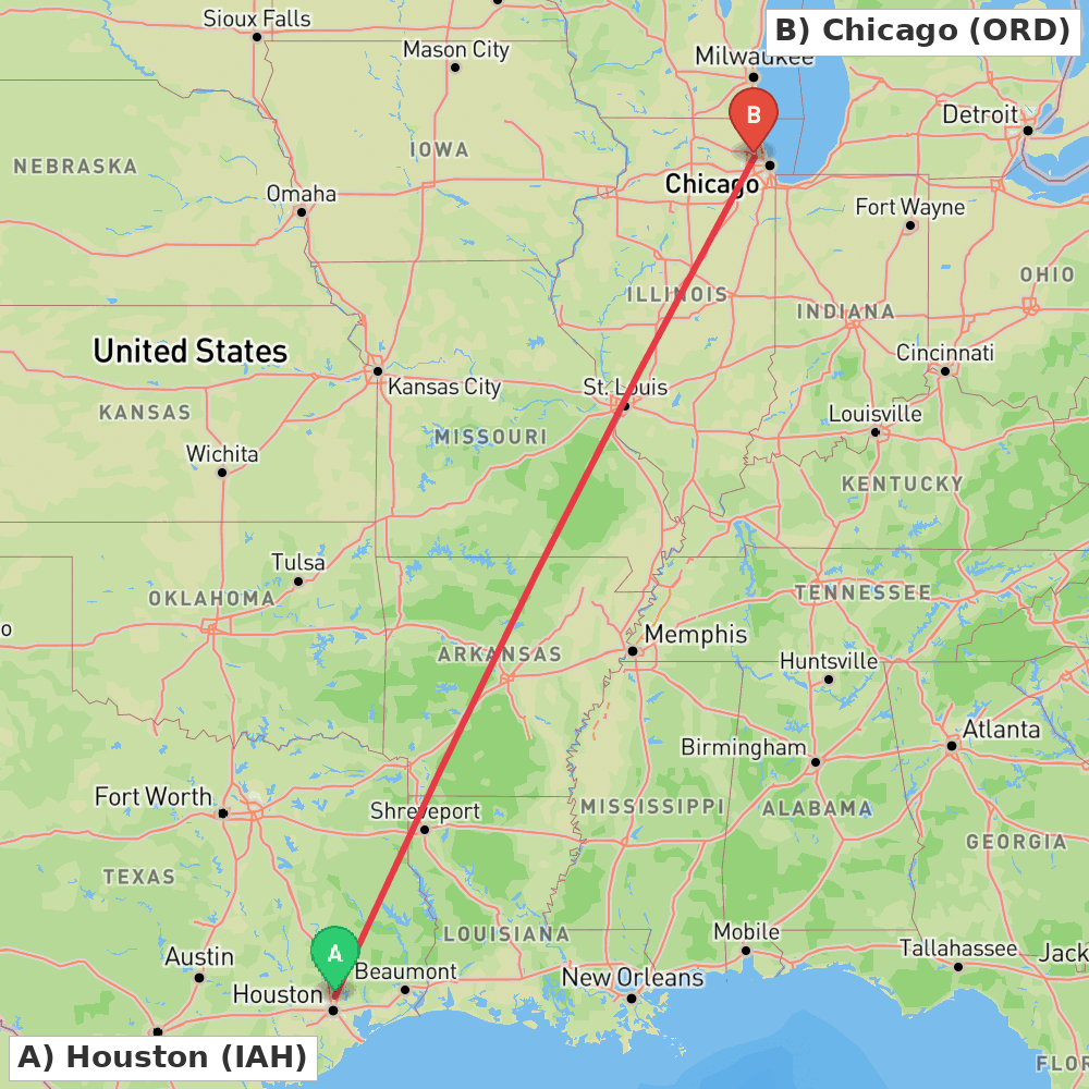 Flight route map from Houston to Chicago