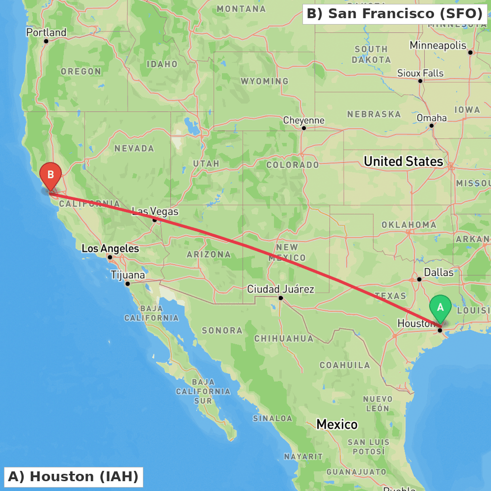 Flight route map from Houston to San Francisco